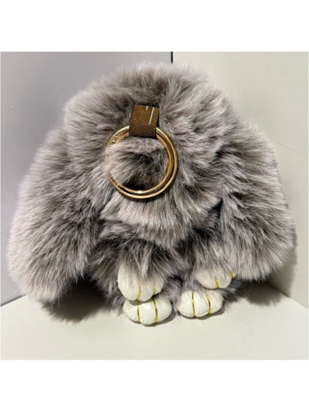 NEW Gray Faux Fur Bunny Rabbit Bag Charm Keychain with Gold Silver Ring Clips